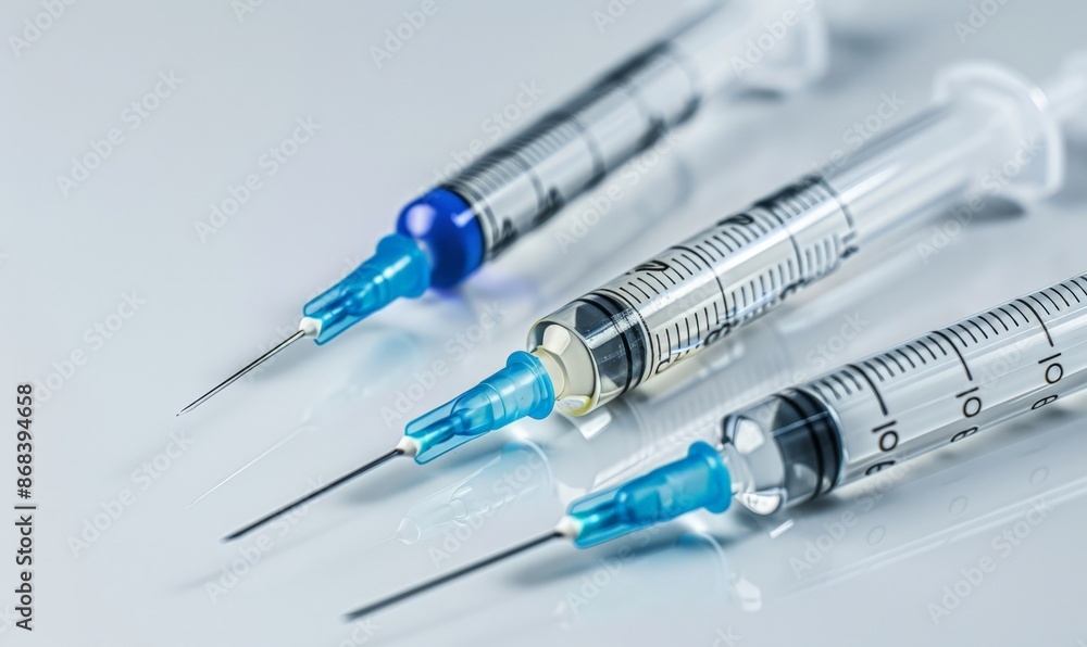 Three Vials of Vaccine with Needles, Ready for Injection Three Vials of Vaccine with Needles, Ready for Injection