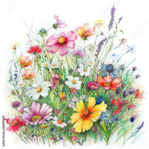 Delicate Summer Blooms: Pastel Colored Floral Drawing on White Background.