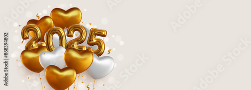 Happy New Year 2025 with realistic gold and white balloons. This backdrop includes the 2025 number symbol in a metallic look and hanging helium balloons, as well as sparkling gold confetti.