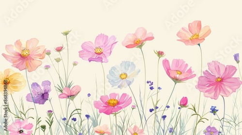 Blooming Bliss, Hand Drawn Pastel Flower Illustration Embracing the Essence of Summer and Spring.
