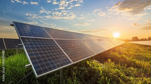 A renewable energy farm with rows solar panels