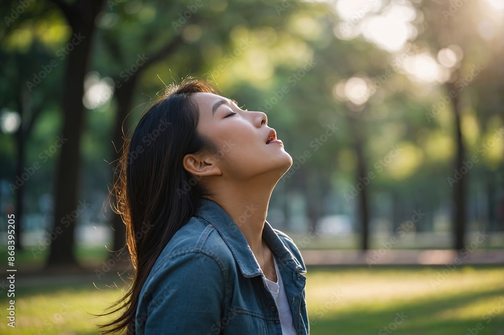 Asian woman taking deep breaths, refreshing and stretching in the park Asian woman taking deep breaths, refreshing and stretching in the park