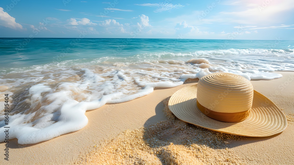 Obraz premium A straw beach hat lies on the sandy shore as gentle ocean waves wash over the beach