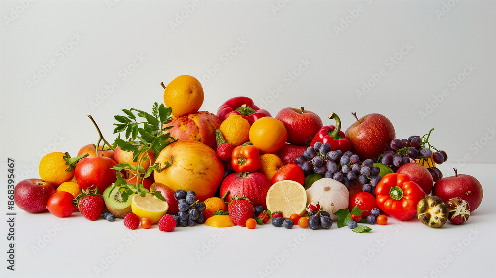 Large pile of fresh fruits and vegetables on an isolated background. Large pile of fresh fruits and vegetables on an isolated background.