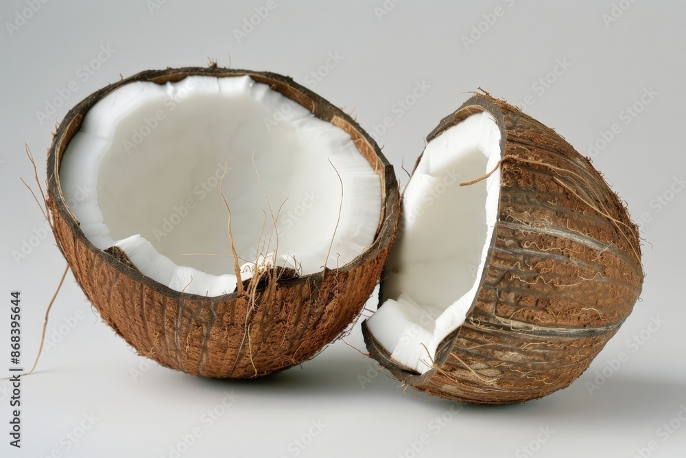 Tropical Coconut Split in Half, Showing White Flesh and Brown Shell Tropical Coconut Split in Half, Showing White Flesh and Brown Shell