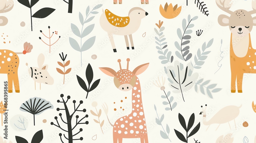 Soft pastel wildlife minimalist seamless pattern, hand-drawn with elegant details Soft pastel wildlife minimalist seamless pattern, hand-drawn with elegant details