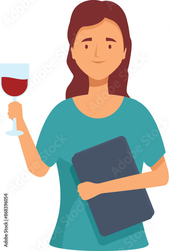 Young woman is holding a wineglass and a book, possibly attending a wine tasting class or event
