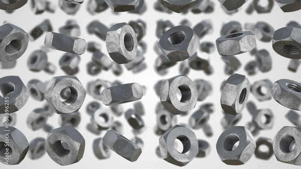 3D Rotating Stainless Steel Nuts Falling Animation. Bolts and Nuts. 4K 3D Rotating Stainless Steel Nuts Falling Animation. Bolts and Nuts. 4K