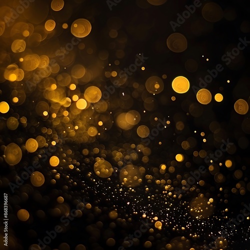 Golden sparky glitter bokeh lights on black background