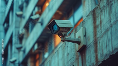 Surveillance camera mounted on urban building wall security concept, control situation on the street
