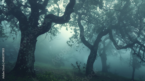 Mysterious foggy forest, oak trees, foliage, leafs,fog,tree trunks, gloomy landscape. Eastern Europe,32k, full ultra hd, high resolution --ar 16:9