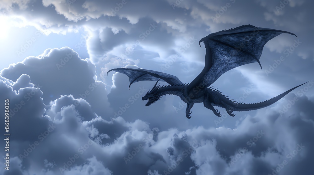 Fototapeta premium A 3D rendered image of a dragon flying through the clouds.