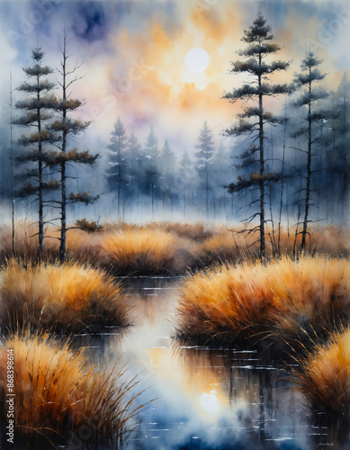 Watercolor painting of picturesque late fall. Watercolor illustration design for autumn landscape background and wallpaper. Landscape painting with fog, autumn trees, swamp in the forest, reeds.