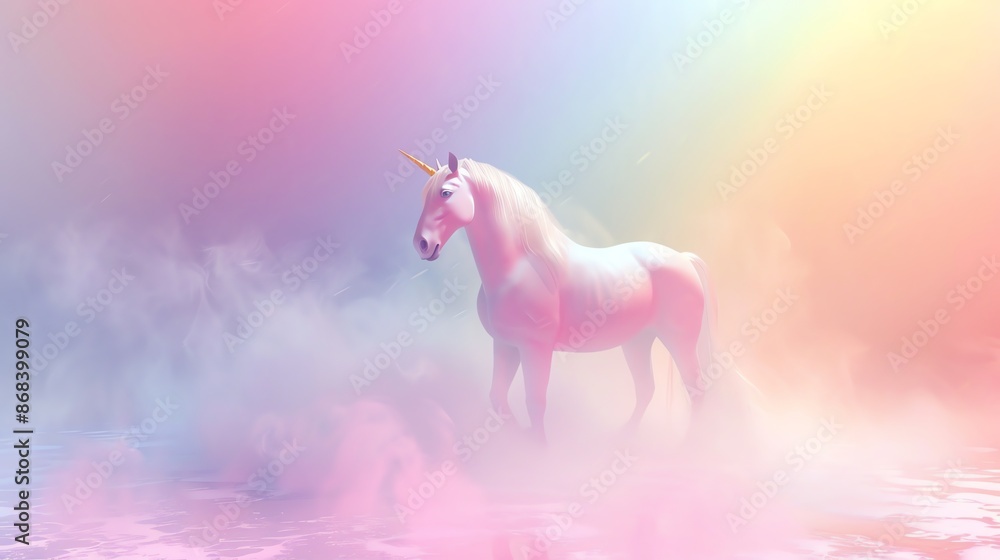 A white unicorn with a rainbow mane and tail standing in a dreamy landscape. A white unicorn with a rainbow mane and tail standing in a dreamy landscape.