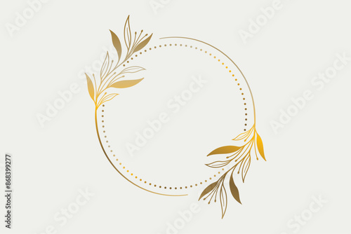 Luxury floral round frame with golden leaves, Botanical and floral logo elements, Hand drawn leaves branch, Vector isolated illustration