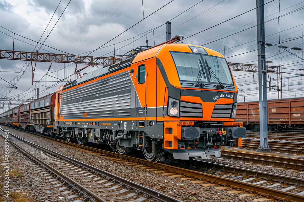 Freight train passing through. Shipping and logistics concept
Freight train passing through. Shipping and logistics concept