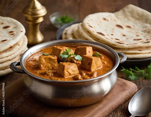 Paneer Butter Masala or Cheese Cottage Curry in serving a bowl or pan, served with chapatis. photo