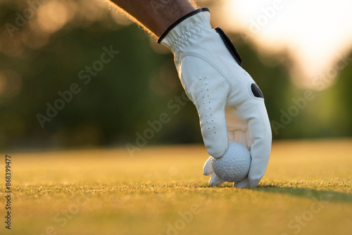 Golf course with ball and grass on close up of a hand