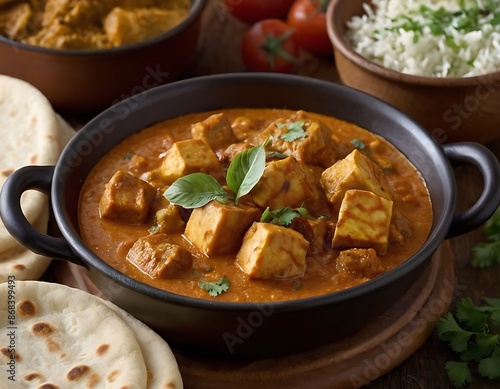 Paneer Butter Masala or Cheese Cottage Curry in serving a bowl or pan, served with chapatis. photo