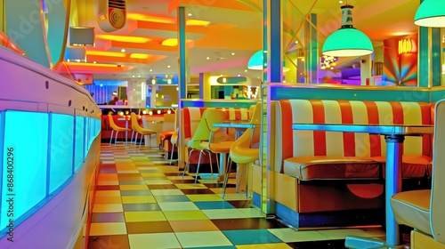 New Nostalgia: Abstract 90s Diner with Vibrant Colors, Neon Lights, and Retro Booths in a Modern Setting