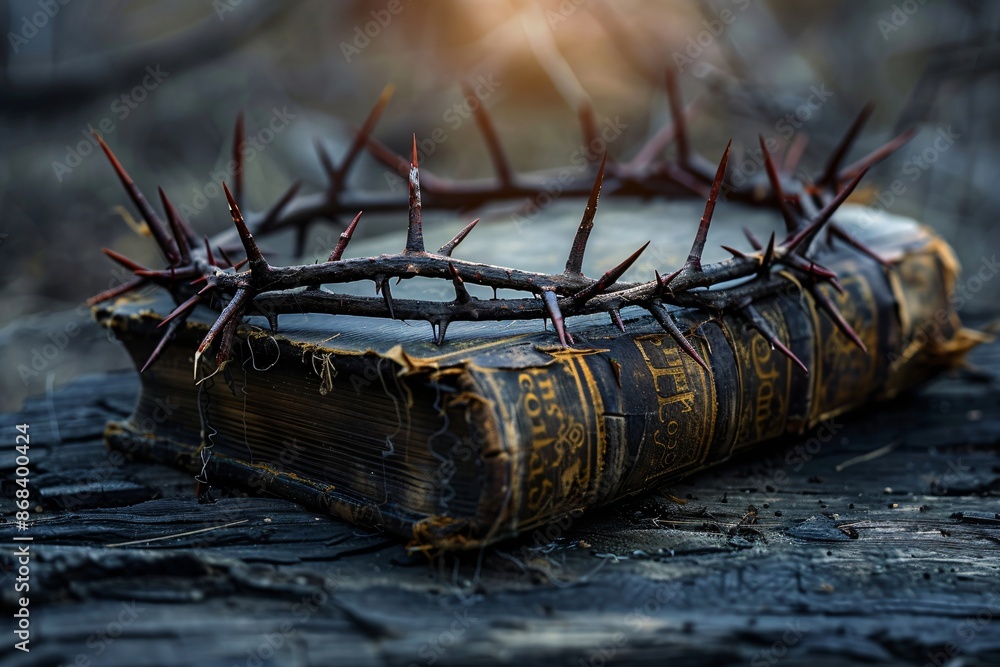 Crown of thorns and Holy Bible book on sunrise. Resurrection of Jesus, crucifixion. Good Friday. Faith and spirituality. Christian religion concept Crown of thorns and Holy Bible book on sunrise. Resurrection of Jesus, crucifixion. Good Friday. Faith and spirituality. Christian religion concept