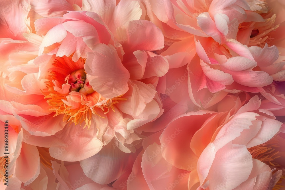 macro shot of lush coral peony blossoms soft focus creating dreamy atmosphere delicate petals in various shades of pink natural light enhancing texture macro shot of lush coral peony blossoms soft focus creating dreamy atmosphere delicate petals in various shades of pink natural light enhancing texture