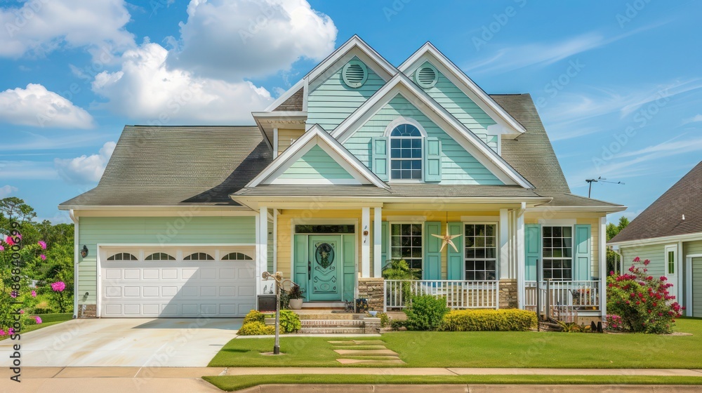 suburban family home with Bahama shutters in pastel mint, adding a fresh, friendly touch to the neighborhood suburban family home with Bahama shutters in pastel mint, adding a fresh, friendly touch to the neighborhood