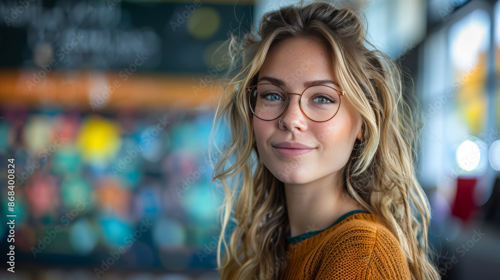 Joyful Young Teacher in Glasses and Yellow Sweater in Colorful Kindergarten Classroom Joyful Young Teacher in Glasses and Yellow Sweater in Colorful Kindergarten Classroom