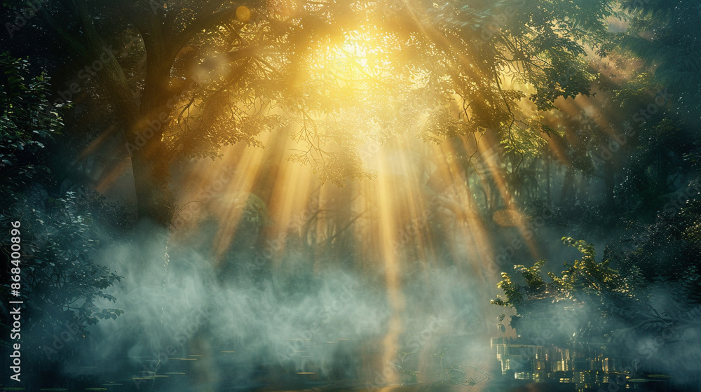 Mystical Morning: Sunbeams Dancing in Enveloping Fog Mystical Morning: Sunbeams Dancing in Enveloping Fog
