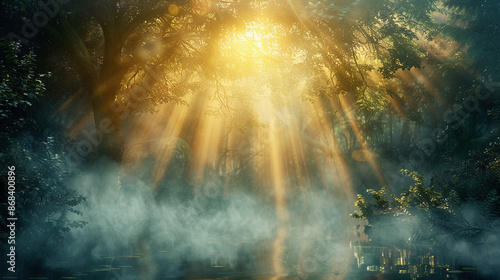 Mystical Morning: Sunbeams Dancing in Enveloping Fog