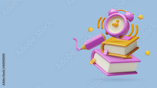 3D education and school background with books, ringing alarm clock, pencil and stars. Vector realistic three dimensional learn and study flying plastic objects and copy space for text.