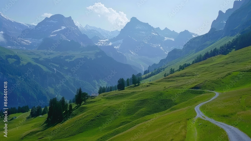 Alps French. Summer Hiking in the Swiss Alps Landscape with Panoramic Mountain Views Alps French. Summer Hiking in the Swiss Alps Landscape with Panoramic Mountain Views