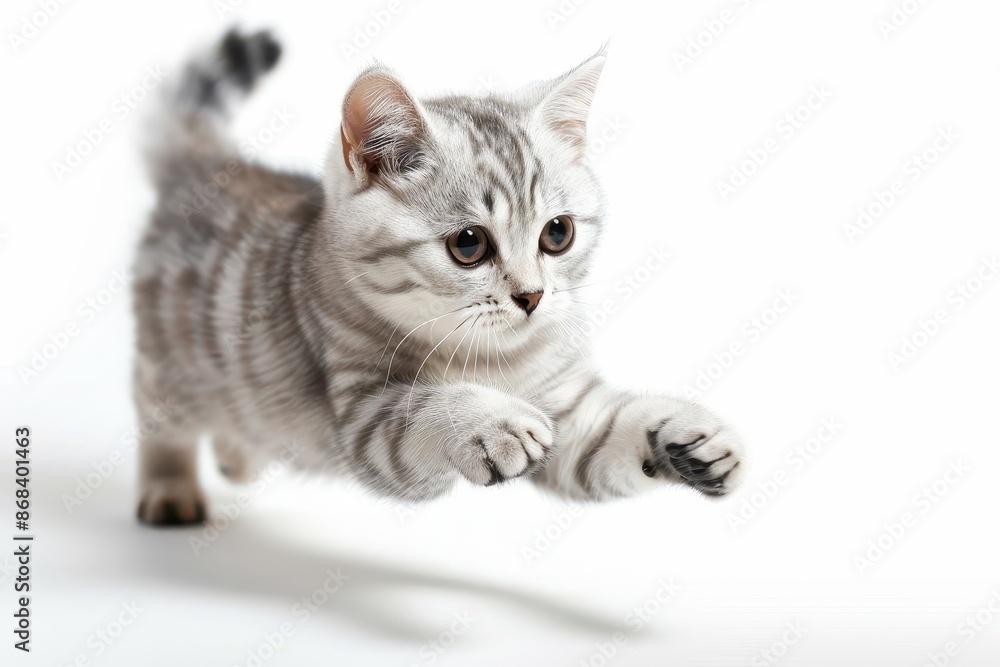 Obraz premium majestic american shorthair cat midleap showcasing its agility and grace dynamic pose soft fur texture and piercing eyes captured in crisp detail against a clean white background