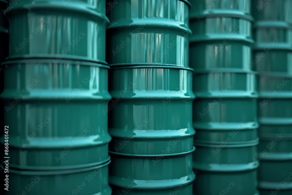 Rows of green oil barrels stacked together, showing industrial storage containers used for various liquid and chemical materials. Rows of green oil barrels stacked together, showing industrial storage containers used for various liquid and chemical materials.