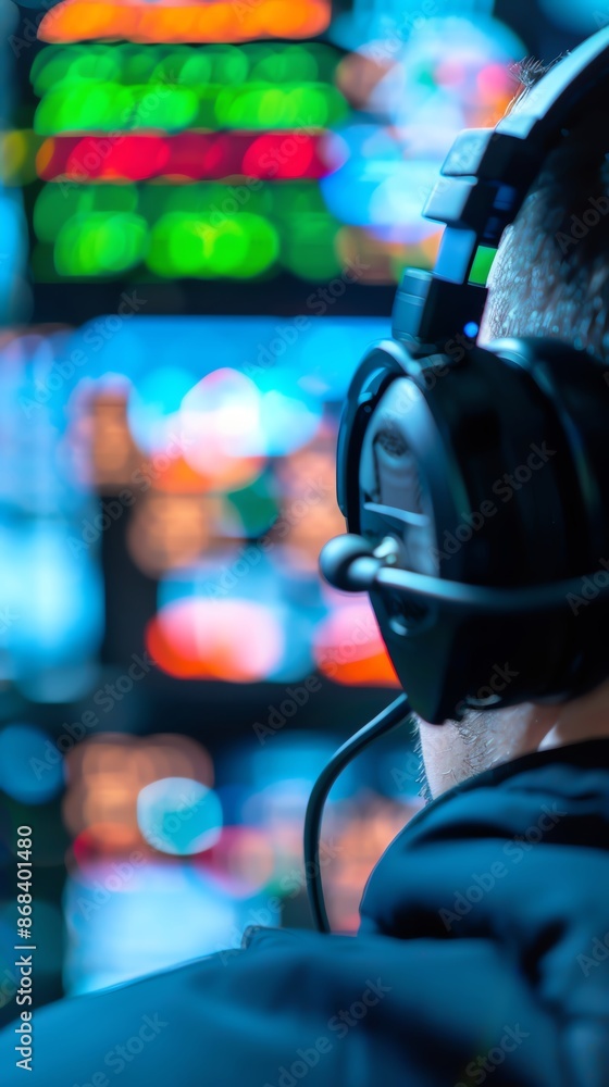Close-up of a person with headphones monitoring vibrant screens, showcasing technology and data analysis in a modern control room. Close-up of a person with headphones monitoring vibrant screens, showcasing technology and data analysis in a modern control room.
