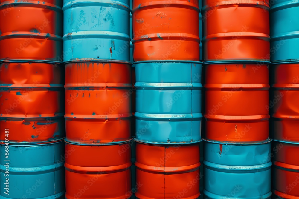 Stacked blue and red metal barrels in an industrial setting, showcasing color contrast and texture. Perfect for business and industry themes. Stacked blue and red metal barrels in an industrial setting, showcasing color contrast and texture. Perfect for business and industry themes.