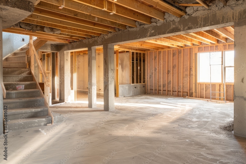 Basement Construction. Interior of a New Home Room Under Construction with Concrete Work Basement Construction. Interior of a New Home Room Under Construction with Concrete Work