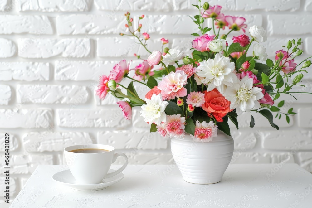 Fototapeta premium White Table with Flower Bouquet, Coffee Cup on White Brick Wall Background, Morning Greeting Card