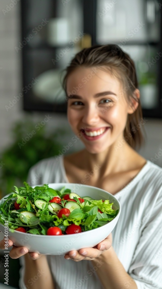 Young woman holding a bowl with healthy salad Young woman holding a bowl with healthy salad