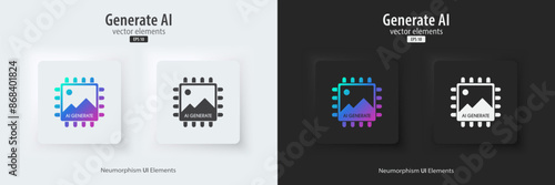 AI generate image icon. A set of buttons with symbols. Image enhancement, improved quality, generated. Artificial intelligence technology concept. Neumorphism style, UI UX design, Vector illustration.