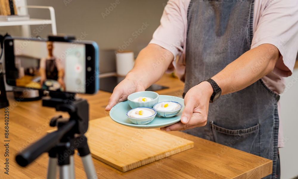 The chef is broadcasting live from workshop how to prepare a delicious Japanese mochi The chef is broadcasting live from workshop how to prepare a delicious Japanese mochi