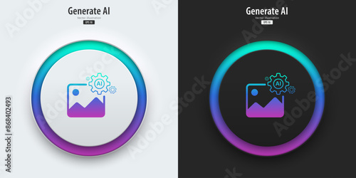 AI generate image icon. A set of buttons with symbols. Image enhancement, improved quality, generated. Artificial intelligence technology concept. Neumorphism style, UI UX design, Vector illustration.
