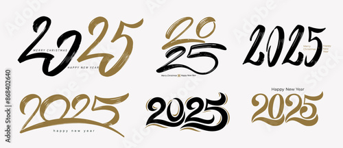 Set of New year 2025 golden typography brush stroke logo design. Collection of luxury Happy new year 2025 gold logo design. With golden truncated lettering number illustrations. Premium vector design.