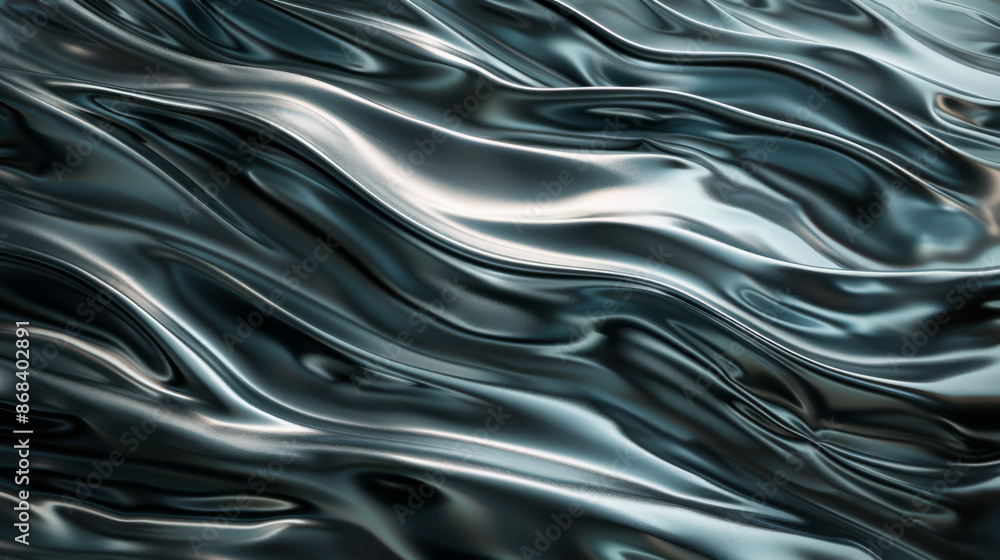 Abstract background. Waves of silver color in a gradient. Dark gray and blue waves on a dark background. Copy space. Abstract background. Waves of silver color in a gradient. Dark gray and blue waves on a dark background. Copy space.