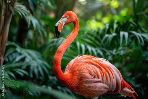 majestic flamingo standing in its natural habitat vivid pink feathers and graceful pose © Bijac