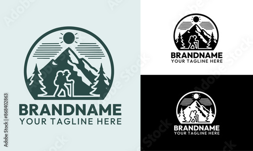 Vintage Hiking Adventure Logo with Mountain and Sun Design