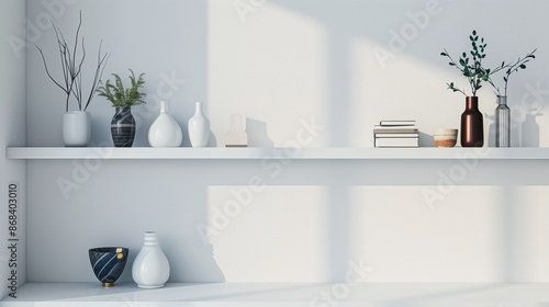 Modern minimalist wall with sleek shelves displaying a sophisticated array of curated decor items. © Saeed