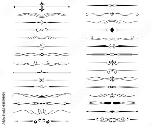 Vintage border elements set. Border decorative vignette elements in vintage style, isolated on white. Suitable for design, such as certificate document element and manuscript.