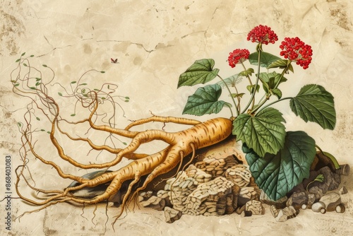 Detailed Illustration of Ginseng Plant Roots and Red Flowers in Vintage Botanical Style