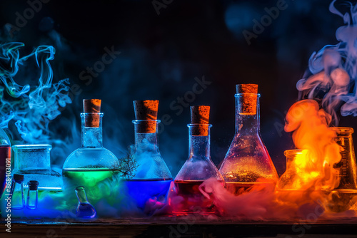 A table with a variety of colorful glass beakers and vials, some of which are glowing in the dark. Concept of mystery and intrigue, as the glowing liquids seem to be emitting a strange © Nataliia_Trushchenko